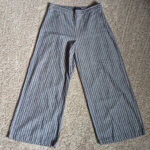 Modavanti Pants Womens Sz XL Blue Tan Stripe Wide Leg Trousers Linen Blend